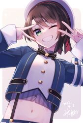 Rule 34 | 1girl, armband, black bow, black bowtie, black ribbon, blue jacket, blush, bow, bowtie, brown hair, buttons, commentary request, cropped jacket, cropped shirt, dated, double v, fingernails, green eyes, grey hat, grey shirt, grin, hands up, hat, head tilt, hikawa shou, hololive, jacket, long sleeves, looking at viewer, midriff, navel, one eye closed, oozora subaru, oozora subaru (work), red ribbon, ribbon, sailor hat, shirt, short hair, signature, sleeve cuffs, smile, solo, star (symbol), stomach, striped clothes, striped shirt, suspenders, swept bangs, v, v over eye, vertical-striped clothes, vertical-striped shirt, virtual youtuber