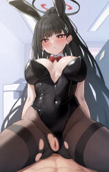 Rule 34 | 1boy, 1girl, alternate costume, animal ears, black hair, black leotard, black pantyhose, blue archive, blush, bow, bowtie, breasts, breasts apart, censored, clothed female nude male, clothing aside, commentary, covered navel, detached collar, fake animal ears, groin, halo, highleg, highleg leotard, highres, indoors, large breasts, leotard, leotard aside, long hair, looking at viewer, mijikayo, mosaic censoring, nude, out of frame, pantyhose, playboy bunny, ponytail, pov, pussy, rabbit ears, red bow, red bowtie, red eyes, rio (blue archive), spread legs, strapless, strapless leotard, symbol-only commentary, torn clothes, torn pantyhose, very long hair