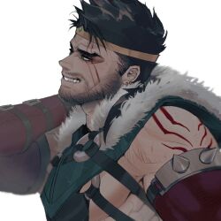 Rule 34 | 1boy, arm tattoo, bara, beard stubble, black hair, draven, earrings, facial hair, fur trim, green eyes, jewelry, large pectorals, league of legends, mag cora imparo, male focus, muscular, muscular male, pectorals, short hair, simple background, smile, solo, spiked hair, spikes, stubble, tattoo, teeth, white background