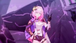 Rule 34 | 1girl, black gloves, breasts, cleavage, closed mouth, elysia (honkai impact), elysia (miss pink elf) (honkai impact), gloves, hair between eyes, hair ornament, highres, honkai (series), honkai impact 3rd, large breasts, long hair, long sleeves, looking at viewer, pink eyes, pink hair, pointy ears, ponytail, single glove, smile, solo, standing, third-party source