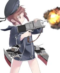 Rule 34 | 10s, 1girl, brown eyes, brown hair, firing, fujibejifu, hat, kantai collection, sailor collar, sailor hat, short hair, simple background, solo, white background, z3 max schultz (kancolle)