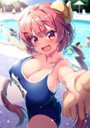 Rule 34 | 1girl, :d, bare shoulders, blue one-piece swimsuit, blunt bangs, blurry, blurry background, blush, breasts, cleavage, collarbone, covered erect nipples, dragon girl, dragon horns, drill hair, fang, female focus, from side, hair between eyes, happy, highres, holding hands, horns, ilulu (maidragon), kobayashi-san chi no maidragon, kuromasu, large breasts, light rays, long hair, looking at viewer, name tag, one-piece swimsuit, open mouth, outdoors, outstretched arms, pointing, pointy ears, pool, pov, pov hands, red eyes, red hair, school swimsuit, slit pupils, smile, solo focus, swimsuit, twintails, very long hair, wet