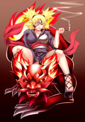 Rule 34 | 1girl, armor, blonde hair, breastplate, chiba toshirou, collarbone, dragon, eyepatch, fishnet socks, fishnets, forehead protector, holding, holding smoking pipe, kiseru, leaning back, lips, long sleeves, looking at viewer, nail polish, naruto, naruto (series), one eye covered, parted lips, quad tails, red background, red nails, sandals, sash, short hair, simple background, sitting, smile, smoke, smoking pipe, socks, solo, temari (naruto), toenail polish, toenails