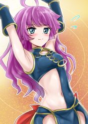Rule 34 | 1girl, ahoge, armpits, arms up, blue eyes, blush, breasts, closed mouth, embarrassed, kirishima romin, long hair, looking at viewer, midriff, navel, purple hair, r-binon, revealing clothes, small breasts, smile, solo, standing, stomach, very long hair, yu-gi-oh!, yu-gi-oh! sevens