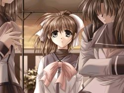 Rule 34 | 4girls, arm at side, back, blurry, blurry background, bouquet, bow, breasts, brown hair, closed mouth, cloud, crying, flower, frown, grey eyes, hair between eyes, hair bow, head out of frame, hug, izumo, long hair, long sleeves, minase nanami, multiple girls, no eyes, outdoors, parted bangs, pink bow, pole, ponytail, school uniform, serafuku, shaded face, sky, small breasts, solo focus, striped, tears, tree, turtleneck, white bow, wind, yamamoto kazue