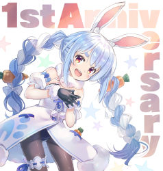 Rule 34 | 1girl, animal ear fluff, animal ears, black gloves, blue hair, bow, braid, bridal garter, carrot, carrot hair ornament, coat, commentary request, detached sleeves, don-chan (usada pekora), dress, english text, food-themed hair ornament, fur-trimmed dress, fur-trimmed gloves, fur scarf, fur trim, gloves, hair bow, hair ornament, highres, hololive, leotard, long braid, long hair, looking at viewer, open mouth, pantyhose, playboy bunny, pom pom (clothes), rabbit ears, rabbit girl, sakino shingetsu, scarf, sidelocks, smile, solo, star (symbol), starry background, strapless, strapless dress, thick eyebrows, twin braids, usada pekora, usada pekora (1st costume), virtual youtuber, white coat, white hair