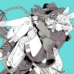 Rule 34 | 1boy, 1girl, animal ears, arknights, blue background, braid, carrying, closed eyes, eyewear strap, hand wraps, hat, jacket, kroos (arknights), long hair, long sleeves, mr. nothing (arknights), off shoulder, open mouth, pants, partially colored, princess carry, rabbit ears, rabbit girl, rabbit tail, round eyewear, shoes, short shorts, shorts, simple background, single braid, sleeveless, smile, sunglasses, tail, thigh strap, twintails, wide sleeves, yukataro