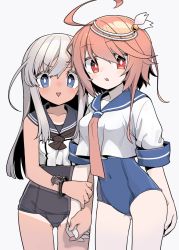 Rule 34 | 2girls, ahoge, black neckerchief, black one-piece swimsuit, black sailor collar, blue eyes, blue one-piece swimsuit, blue sailor collar, blush, bracelet, breasts, covered navel, cowboy shot, crop top, grey background, grey hair, hair ornament, holding hands, i-58 (kancolle), jewelry, kantai collection, long hair, looking at viewer, medium breasts, monaka ooji, multiple girls, neckerchief, one-piece swimsuit, one-piece tan, open mouth, pink hair, pink neckerchief, red eyes, ro-500 (kancolle), sailor collar, sailor shirt, school swimsuit, school uniform, serafuku, shirt, short hair, short sleeves, sidelocks, simple background, sleeveless, sleeveless shirt, swimsuit, swimsuit under clothes, tan, tanline
