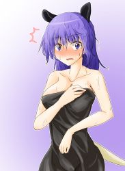 Rule 34 | 1girl, alternate costume, animal ears, bare arms, bare shoulders, black towel, blue eyes, blue hair, blush, breasts, cleavage, collarbone, doremy sweet, embarrassed, eyes visible through hair, female focus, gradient background, hair between eyes, highres, large breasts, looking at viewer, naked towel, neck, open mouth, oshiaki, short hair, shy, simple background, solo, standing, surprised, tail, tapir ears, tapir tail, thighs, touhou, towel, wet, wet hair, white background