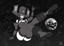 Rule 34 | 1girl, animification, ass, bare shoulders, boots, breasts, choker, commentary, commission, dated, earth (planet), elbow gloves, floating, floating hair, galacta, giant, giantess, gloves, glowing, greyscale, headgear, helmet, highres, huge giantess, index finger raised, large breasts, leotard, long hair, looking at viewer, marvel, monochrome, parted lips, planet, pointing, pointing up, signature, smile, solo, space, star (sky), the golden smurf, thigh boots, thighhighs