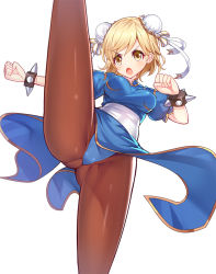 Rule 34 | 1girl, :o, ass, blonde hair, blue dress, bracelet, bun cover, capcom, china dress, chinese clothes, chun-li, chun-li (cosplay), clenched hands, cosplay, djeeta (granblue fantasy), double bun, dress, frills, granblue fantasy, hair bun, jewelry, kicking, panties, pantyhose, pelvic curtain, puffy short sleeves, puffy sleeves, ribbon, ririko (zhuoyandesailaer), short hair, short sleeves, simple background, solo, spiked bracelet, spikes, split, standing, standing on one leg, street fighter, swept bangs, underwear, white background, yellow eyes