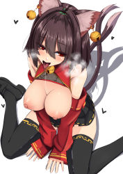 Rule 34 | 1girl, aged up, alternate breast size, alternate costume, animal ears, bare shoulders, bell, black thighhighs, blush, breasts, brown hair, cat ears, chen, detached sleeves, drooling, from above, heart, highres, jewelry, jingle bell, large breasts, looking at viewer, nekomata, nipples, red eyes, sitting, skirt, solo, tail, textless version, thighhighs, tongue, tongue out, touhou, v arms, wariza, yukito (dreamrider)
