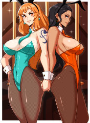 Rule 34 | 2girls, absurdres, alecto 0, animal ears, aqua leotard, ass, bare shoulders, black hair, border, breasts, brown eyes, brown legwear, cleavage, closed mouth, covered navel, cowboy shot, curvy, dark-skinned female, dark skin, detached collar, earrings, fake animal ears, female focus, fishnet pantyhose, fishnets, hair slicked back, hairband, highleg, highleg leotard, highres, holding hands, huge ass, indoors, jewelry, large breasts, leotard, lips, long hair, matching hair/eyes, multiple girls, nami (one piece), narrow waist, necktie, nico robin, one piece, orange eyes, orange hair, orange leotard, pantyhose, playboy bunny, rabbit ears, shiny clothes, smile, standing, strapless, strapless leotard, tan, tattoo, thick thighs, thighs, thong leotard, white border, wide hips, wrist cuffs