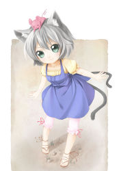 Rule 34 | 1girl, animal ears, bad id, bad pixiv id, bloomers, cat ears, cat girl, cat tail, dress, female focus, frenchmaid (made in frenchmaid), full body, gradient background, green eyes, highres, mouse (animal), multiple tails, nature, on head, original, plant, sandals, smile, solo, tail, two tails, underwear, white background