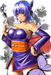 Rule 34 | 1girl, ayane (doa), bare shoulders, breasts, bug, butterfly, dead or alive, dress, fer yoshimiya, insect, kunai, large breasts, ninja, purple hair, red eyes, short dress, short hair, weapon