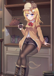 Rule 34 | 1girl, :d, absurdres, bag, belt, black shorts, blonde hair, blue eyes, blush, book, boots, bow, breasts, brown cardigan, brown footwear, brown pantyhose, cardigan, cargo (pixiv27244088), clock, collared shirt, commentary, cross-laced footwear, cup, deerstalker, feet out of frame, hair ornament, hat, highres, holding, holding cup, hololive, hololive english, long sleeves, looking at viewer, medium breasts, medium hair, open mouth, pantyhose, paper, red belt, red neckwear, shirt, shirt tucked in, short shorts, shorts, smile, solo, virtual youtuber, watson amelia, watson amelia (1st costume)