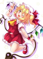 Rule 34 | 1girl, ;d, aka tawashi, arm up, ascot, blonde hair, blush, bobby socks, breasts, commentary request, crystal, fang, flandre scarlet, full body, hair between eyes, hat, hat ribbon, highres, holding, jumping, laevatein, looking at viewer, mary janes, medium breasts, midriff peek, miniskirt, mob cap, one eye closed, one side up, open mouth, petticoat, red eyes, red footwear, red ribbon, red skirt, red vest, ribbon, shoes, short hair, silhouette, simple background, skirt, smile, socks, solo, star (symbol), thighs, touhou, v, vest, white background, white hat, white socks, wings, wrist cuffs, yellow ascot