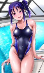 Rule 34 | absurdres, black one-piece swimsuit, blue one-piece swimsuit, breasts, collarbone, competition swimsuit, covered navel, cowboy shot, hair down, highres, indoors, kazuno sarah, kujira katsu (ztmy5535), looking at viewer, love live!, love live! sunshine!!, love live! sunshine!! the school idol movie over the rainbow, medium breasts, one-piece swimsuit, open mouth, pink eyes, pool, pool ladder, poolside, purple hair, rei no pool, side ponytail, sitting, smile, swimsuit, two-tone swimsuit, water