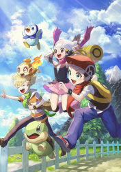 Rule 34 | 1girl, 2boys, :d, backpack, bag, barry (pokemon), beanie, blonde hair, boots, brown footwear, chimchar, cloud, commentary request, creatures (company), dawn (pokemon), day, fence, fire, floating scarf, game freak, gen 4 pokemon, grass, green scarf, hair ornament, hairclip, hat, legs apart, lucas (pokemon), multiple boys, nintendo, on head, open mouth, outdoors, pants, pink footwear, pink skirt, piplup, pokemon, pokemon (creature), pokemon dppt, pokemon on head, red scarf, running, scarf, shirt, shoes, short hair, short sleeves, skirt, sky, sleeveless, sleeveless shirt, smile, teeth, tongue, tree, turtwig, upper teeth only, white headwear, yamanashi taiki, yellow bag