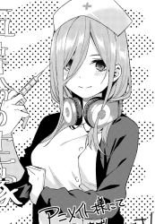 Rule 34 | 1girl, alternate costume, blush, buttons, closed mouth, commentary request, copyright name, cross, go-toubun no hanayome, greyscale, hair between eyes, haruba negi, hat, headphones, headphones around neck, holding, holding syringe, long bangs, long hair, long sleeves, looking at viewer, monochrome, nakano miku, nurse, nurse cap, simple background, smile, solo, syringe, upper body