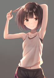 Rule 34 | 1girl, arm behind head, armpits, arms up, bad id, bad pixiv id, bare arms, black hair, black shorts, blush, bob cut, closed mouth, collarbone, commentary request, grey eyes, grey tank top, highres, holding, holding own hair, navel, original, short hair, shorts, smile, solo, tanbonota46, tank top