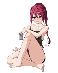Rule 34 | 1girl, alternate hairstyle, arm at side, arm on knee, bang dream!, bare arms, bare legs, bare shoulders, barefoot, black camisole, blue eyes, blush, camisole, can, collarbone, full body, grin, hair between eyes, hand up, high ponytail, highres, holding, holding can, knee up, long hair, looking at viewer, loungewear, midriff, nose blush, parted lips, ponytail, ptal, red hair, red shorts, short shorts, shorts, simple background, sitting, smile, solo, spaghetti strap, udagawa tomoe, white background