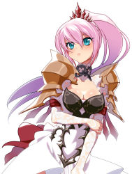 Rule 34 | 1girl, armor, blue eyes, breasts, cleavage, closed mouth, cowboy shot, dress, gradient hair, hair between eyes, high ponytail, highres, large breasts, long hair, looking at viewer, minikama, multicolored hair, pink hair, ponytail, purple hair, shiny skin, shionne (tales), shoulder armor, simple background, solo, tales of (series), tales of arise, white background, white dress