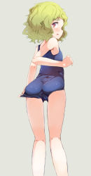 Rule 34 | 1girl, adjusting clothes, adjusting swimsuit, aged down, ass, blush, from behind, green hair, highres, kazami yuuka, kneepits, looking back, one-piece swimsuit, open mouth, red eyes, ripu (lipi), school swimsuit, short hair, simple background, solo, swimsuit, touhou, wavy hair