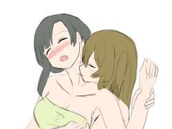 Rule 34 | 2girls, assault lily, bare arms, black hair, blush, breasts, brown hair, cleavage, kuo shenlin, licking, long hair, medium breasts, moaning, multiple girls, naked towel, neck, licking another&#039;s neck, nude, open mouth, towel, upper body, wang yujia, yuri