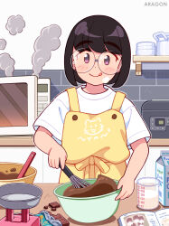 Rule 34 | 1girl, absurdres, apron, aragon honnin, black hair, blunt bangs, blush, bowl, closed mouth, glasses, highres, holding, holding bowl, holding whisk, indoors, looking at viewer, measuring cup, microwave, mixing bowl, original, purple eyes, round eyewear, shirt, short hair, short sleeves, smile, smoke, solo, tongue, tongue out, whisk, white shirt, yellow apron