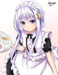 Rule 34 | 10s, 1girl, alternate costume, apron, artist name, blush, crescent, crescent hair ornament, cup, enmaided, frilled apron, frills, gradient background, hair ornament, haryuu (poetto), kantai collection, looking at viewer, maid, maid apron, maid headdress, purple eyes, purple hair, short hair, short hair with long locks, signature, solo, teacup, tray, yayoi (kancolle)