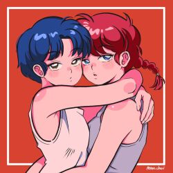 2girls artist_name blue_eyes blue_hair border braid brown_eyes from_side hug looking_at_viewer multiple_girls outside_border peter_choii ranma-chan ranma_1/2 red_background red_hair shirt simple_background sleeveless sleeveless_shirt tendou_akane upper_body yuri