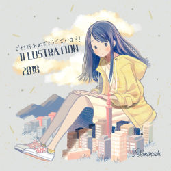 Rule 34 | 1girl, 2018, blue hair, blush, city, cloud, drawstring, dress, giant, giantess, grass, grey background, hood, hood down, hooded jacket, illustration.media, jacket, long hair, looking at viewer, mountain, original, shoes, signature, socks, solo, somemachi, white dress, white footwear, yellow jacket, yellow socks