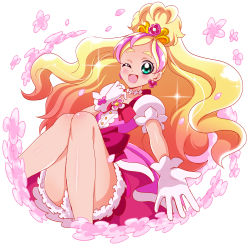 Rule 34 | 1girl, ;d, absurdres, bad id, bad pixiv id, blonde hair, bow, choker, cure flora, earrings, eyebrows, flower, flower earrings, gloves, go! princess precure, gradient hair, green eyes, haruno haruka, highres, jewelry, long hair, magical girl, multicolored hair, one eye closed, open mouth, outstretched hand, pink hair, pink skirt, precure, sharumon, skirt, smile, solo, streaked hair, thick eyebrows, two-tone hair, waist bow, white background, white gloves