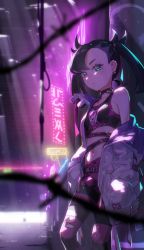 Rule 34 | 1girl, asymmetrical bangs, barbed wire, black choker, black hair, blurry, blush, choker, closed mouth, commentary request, creatures (company), earrings, eyelashes, game freak, green eyes, hair ribbon, highres, jacket, jewelry, leggings, marnie (pokemon), midriff, navel, neon lights, nintendo, nule3309, off shoulder, pokemon, pokemon swsh, red ribbon, ribbon, solo, spikemuth, torn clothes, torn legwear, white jacket