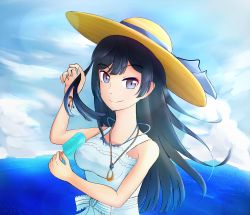 Rule 34 | 1girl, a jet black magician (love live!), absurdres, adjusting hair, artist name, artist request, bare shoulders, black hair, blue hair, blue sky, blush, bow, breasts, brown hat, cloud, collarbone, crescent, crescent necklace, dark blue hair, day, dress, dress bow, female focus, floating hair, food, grey eyes, hat, highres, holding, holding food, jewelry, long hair, looking at viewer, love live!, love live! nijigasaki high school idol club, love live! school idol festival, love live! school idol festival all stars, necklace, ocean, outdoors, parted lips, plaid, plaid dress, playing with own hair, pleated, pleated dress, ponytail, popsicle, side ponytail, sky, small breasts, smile, solo, striped, striped bow, sundress, upper body, white bow, white dress, yuki setsuna (love live!)