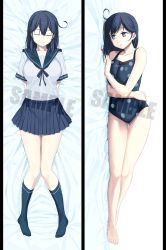Rule 34 | 10s, 1girl, 3:, ahoge, anchor symbol, arms behind back, barefoot, bed sheet, bikini, black bow, black hair, blue one-piece swimsuit, blue ribbon, blue skirt, blue socks, bow, bow bikini, breasts, cleavage, closed eyes, collarbone, dakimakura (medium), female focus, frown, gif artifacts, gradient background, grey eyes, hair between eyes, hand on own hip, himura kiseki, kantai collection, kneehighs, large breasts, long hair, lying, multiple views, no shoes, on back, on side, one-piece swimsuit, open mouth, pleated skirt, polka dot, polka dot swimsuit, ribbon, sample watermark, school uniform, serafuku, short sleeves, skirt, socks, swimsuit, tareme, ushio (kancolle), watermark