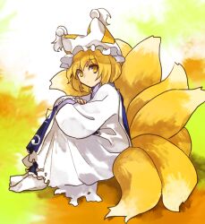 Rule 34 | 1girl, blonde hair, blue tabard, closed mouth, commentary request, dress, fox girl, fox tail, frilled hat, frills, hat, kaigen 1025, kitsune, kyuubi, long sleeves, multiple tails, no shoes, short hair, sitting, socks, solo, tabard, tail, tassel, touhou, white dress, white hat, white socks, yakumo ran, yellow eyes
