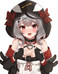Rule 34 | 1girl, :d, absurdres, animal hood, belt, black belt, black collar, black gloves, black hair, black jacket, blush, breasts, cleavage, collar, fang, fingerless gloves, fingernails, gloves, hair ornament, heart collar, highres, hisui (user zvkr2432), hololive, hood, jacket, looking at viewer, medium breasts, multicolored hair, open mouth, orca hood, red eyes, sakamata chloe, sakamata chloe (1st costume), short hair, silver hair, simple background, smile, solo, streaked hair, virtual youtuber, white background, x hair ornament