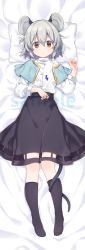 Rule 34 | 1girl, akagashi hagane, animal ears, bed sheet, black skirt, black socks, blush, buttons, capelet, closed mouth, dakimakura (medium), full body, hair between eyes, hand on own stomach, jewelry, kneehighs, long sleeves, looking at viewer, lying, mouse ears, mouse tail, nazrin, necklace, no shoes, on back, orange eyes, pillow, sample watermark, shirt, silver hair, skirt, socks, solo, tail, touhou, watermark, white shirt