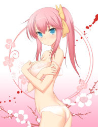Rule 34 | 1girl, 47agdragon, ass, bare shoulders, blue eyes, blush, bow, bra, breasts, butt crack, flower, gradient background, hair bow, highres, lingerie, long hair, original, panties, pink background, pink bra, pink hair, pink panties, ponytail, solo, strap slip, underwear, underwear only, white background