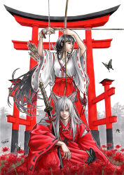 Rule 34 | 1boy, 1girl, animal ears, arrow (projectile), black hair, bow (weapon), bug, butterfly, dog ears, fingernails, flower, gate, gloves, hair over eyes, hakama, hakama skirt, half-closed eyes, highres, holding, holding weapon, insect, inuyasha, inuyasha (character), japanese clothes, jewelry, kikyou (inuyasha), long hair, looking at viewer, low ponytail, miko, necklace, outdoors, ponytail, red hakama, ribbon-trimmed sleeves, ribbon trim, rope, sharp fingernails, signature, single glove, skirt, spider lily, standing, sword, takumi (marlboro), tasuki, torii, very long hair, weapon, white hair, wide sleeves