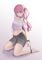Rule 34 | 1girl, absurdres, alternate costume, arms behind back, barefoot, black choker, blue eyes, blush, breasts, chain, chained wrists, chinese commentary, choker, closed mouth, collarbone, full body, girls&#039; frontline, grey shorts, highres, legs, long hair, looking at viewer, navel, on floor, one smoke, pink hair, shirt, short sleeves, shorts, side ponytail, small breasts, solo, st ar-15 (girls&#039; frontline), white background, white shirt