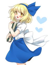 Rule 34 | 1girl, alice margatroid, alice margatroid (pc-98), back bow, blonde hair, blue bow, blue headwear, blue skirt, book, bow, collared shirt, commentary request, cowboy shot, frilled shirt collar, frills, hair bow, happy, heart, holding, holding book, looking at viewer, namino., puffy short sleeves, puffy sleeves, shirt, short hair, short sleeves, simple background, skirt, suspender skirt, suspenders, touhou, touhou (pc-98), white background, white bow, white shirt, yellow eyes, aged down