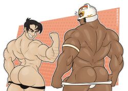 Rule 34 | 2boys, arched back, ass, bara, bear mask, beowulf (skullgirls), biceps, brown eyes, cowboy shot, crossover, dark-skinned male, dark skin, facial hair, flexing, from behind, goatee, half-erect, highres, huge ass, live a hero, looking at another, male focus, male underwear, male underwear pull, mask, mature male, multiple boys, muscular, muscular male, nandarazzi, notice lines, polaris mask (live a hero), size difference, smirk, sparse arm hair, underwear, yaoi