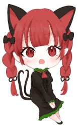Rule 34 | 1girl, :o, animal ears, aoringo orin, black dress, blunt bangs, blush, bow, braid, cat ears, cat tail, chibi, dress, extra ears, green dress, hair bow, kaenbyou rin, long hair, long sleeves, looking at viewer, multiple tails, nekomata, open mouth, pointy ears, red eyes, red hair, solo, tail, touhou, twin braids, twintails, two tails, v arms