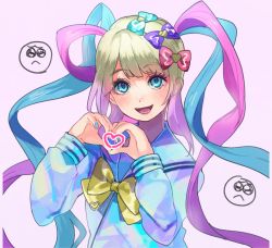 Rule 34 | 1girl, aqua bow, blue eyes, bow, chouzetsusaikawa tenshi-chan, commentary request, flypopo, gradient hair, hair bow, hands up, heart, heart hands, highres, long hair, long sleeves, looking at viewer, multicolored hair, multicolored nails, nail polish, needy girl overdose, open mouth, parted bangs, pink background, pink bow, purple bow, school uniform, serafuku, simple background, smile, solo, upper body