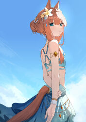 Rule 34 | 1girl, absurdres, animal ears, armlet, bare shoulders, bikini, blunt bangs, blunt tresses, bracelet, braid, braided bun, breasts, clothing cutout, commentary, cowboy shot, crown braid, ear flower, flower, from side, green bikini, green eyes, hair between eyes, hair bun, hair ornament, highres, horse ears, horse girl, horse tail, jewelry, long hair, looking at viewer, official alternate costume, official alternate hairstyle, orange hair, outdoors, revision, sarong, sidelocks, silence suzuka (emerald on the waves) (umamusume), silence suzuka (umamusume), small breasts, solo, star (symbol), star hair ornament, swimsuit, swimsuit skirt, tail, tail through clothes, turning head, umamusume, yuku~