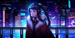 Rule 34 | 1girl, black hair, building, cigarette, cityscape, coat, fur trim, highres, jill stingray, necktie, red eyes, skyscraper, smoking, snowflakes, solo, twintails, va-11 hall-a, yumesphere