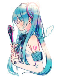 Rule 34 | 1girl, amagi hana, armpit crease, bare shoulders, black ribbon, blue hair, blue nails, breasts, character name, checkered ribbon, closed eyes, collared shirt, colorful, cropped torso, detached sleeves, diamond (gemstone), drawn wings, eyelashes, fingernails, from side, gem, hair over shoulder, hands up, hatsune miku, highres, holding, holding microphone, light blush, light particles, light smile, long hair, magical mirai (vocaloid), magical mirai miku, magical mirai miku (2017), microphone, microphone wand, mini wings, nail polish, neck ribbon, number tattoo, parted lips, plaid, plaid ribbon, plaid sleeves, profile, ribbon, shirt, shoulder tattoo, sideboob, simple background, sleeveless, sleeveless shirt, small breasts, solo, straight hair, tattoo, twintails, vocaloid, white background, white shirt, white sleeves, white wings, wings